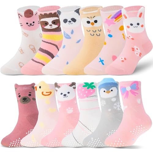 ANTSANG Baby Girls Toddlers Grips Socks, Kids Unicorn Crew Cotton Socks - color: Light Pink Animal(12 Pairs), size: 5-8 Years