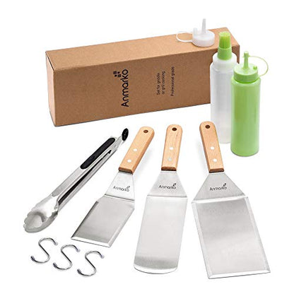 Metal Spatula Set of 6 - Griddle Accessories kit - Grill Flat Spatula Pancake Flipper Hamburger Turner - Metal Utensil Great for BBQ Grill Flat Top Cast Iron Griddle - color: Wooden handle set with tongs and bottles