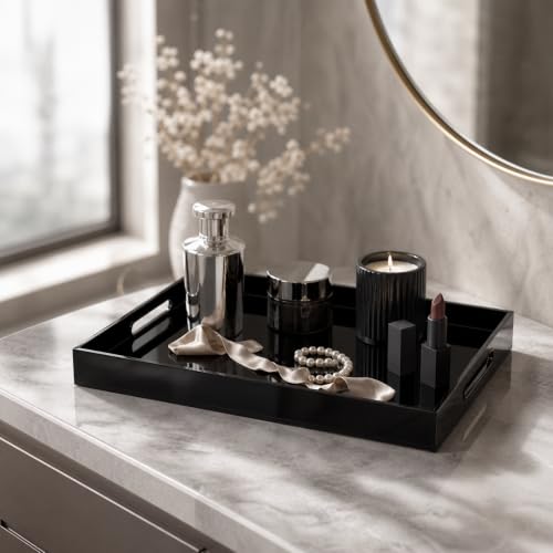 Black Tray 14x11” with Cut Handles - Large Plastic Tray for Ottoman Coffee Table, Kitchen, Office & Serving Guests - Modern Countertop Organizer & Ideal Decorative Tray - color: Black, size: 14" x 11" x 2"