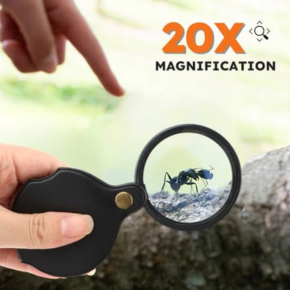 2pcs 20X Small Pocket Magnify Glass with Rotating Protective PU Leather Sheath, Mini Folding Pocket Magnifier for Seniors or Students Reading, Exploring, Science, Coin, Inspection or Jewelry(Black)