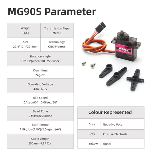 DIANN 6pcs MG90S Micro Servo 180° Servo Motor 9G Geared Micro Servo Motor for RC Robot Arm Walking Helicopter Airplane Car Boat Control with Cable M-F
