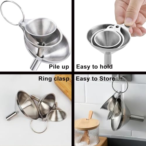 Funnels for Kitchen Bottle Filling, Lmoszuak Mini Stainless Steel Funnels, Multi-use Small Kitchen Funnel Set of 3, for Transferring Liquid, Fluid, Essential Oils, Powder,Tiny Spices,Dishwasher Safe - size: 3pcs mini Funnel set