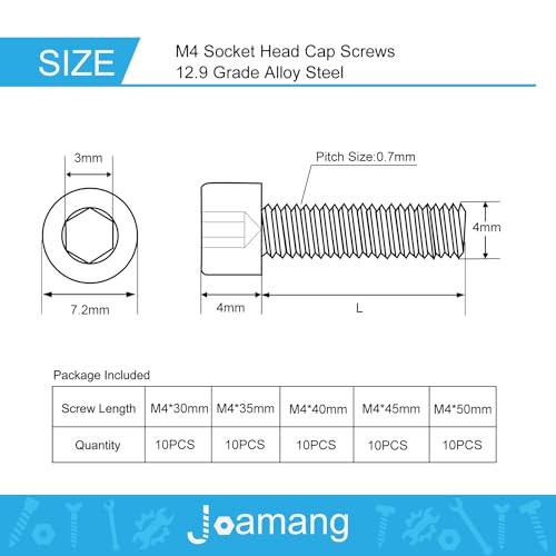 M4 x 30mm 35mm 40mm 45mm 50mm Hex Socket Head Cap Screws Bolts, 12.9 Grade Alloy Steel, Black Oxide Finish, Metric Allen Drive, Fully Threaded, Assortment Kit 50Pcs - size: Socket M4x30-50 mm