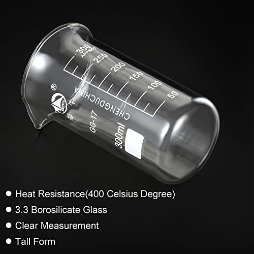 PATIKIL 300ml Tall Form Glass Beaker, 3.3 Borosilicate Glass Graduated Printed Scale Measuring Cups with Spout for Kitchen Lab Liquids Transit Boiling - size: 300ml
