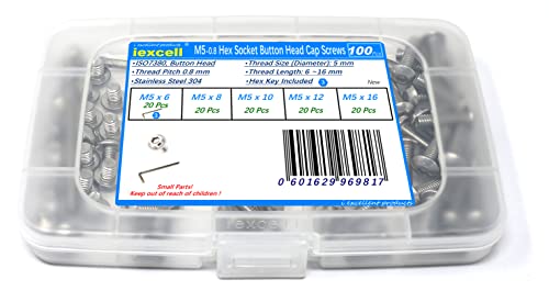iexcell 100 Pcs M5 x 6/8/10/12/16 Stainless Steel 304 Hex Socket Button Head Cap Screws Bolts Assortment Kit - size: M5 x 6/8/10/12/16mm