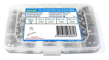 iexcell 100 Pcs M5 x 6/8/10/12/16 Stainless Steel 304 Hex Socket Button Head Cap Screws Bolts Assortment Kit - size: M5 x 6/8/10/12/16mm