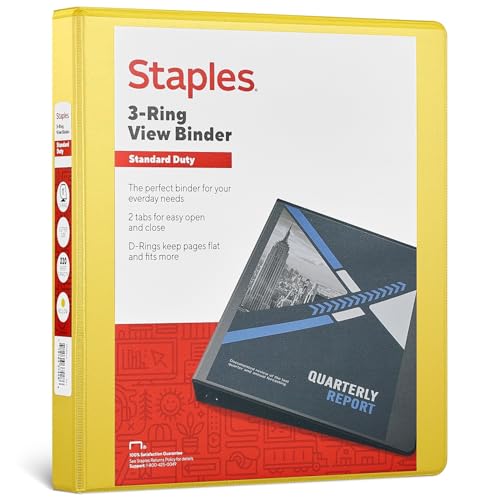 Staples Standard 1-Inch 3-Ring View Binder, Yellow, 220 Sheets - color: Yellow, size: 1-Inch, style: 1 Pack