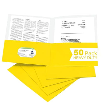 Zzrywuty 50 Packs Yellow Two Pocket File Folders with Business Card Slot,Textured Paper,Letter Size,Holds 100 Plus Sheets for School,Office,Business - color: Yellow-50pcs