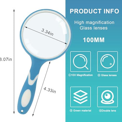 Rongon 10X Handheld Magnifying Glass, 100MM Large Reading Magnifier (Blue) - color: Blue