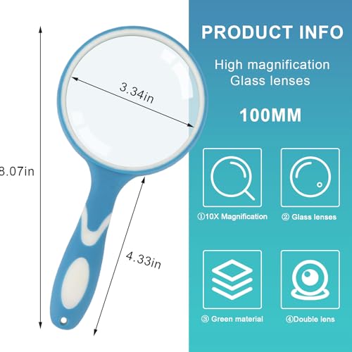 Rongon 10X Handheld Magnifying Glass, 100MM Large Reading Magnifier (Blue) - color: Blue