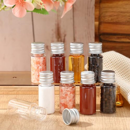 200 Pcs 10ml Mini Plastic Bottles Vials Tiny Jar with Aluminum Screw Lid Cap Clear Plastic Sample Container with Sealed Top Metal Lid for Cosmetic Essential Oil Specimen(Silver and Clear) - color: Silver and Clear