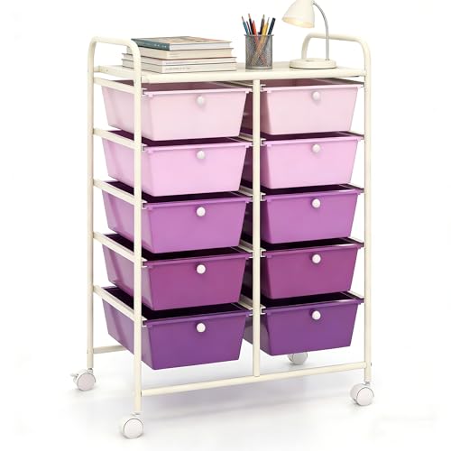 COSTWAY 10 Drawer Rolling Storage Cart, Utility Cart with Lockable Wheels - color: Purple Gradient, size: 10 Drawer