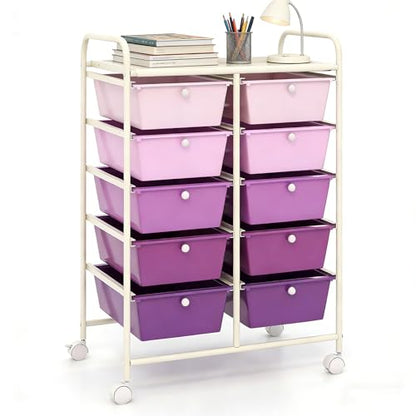 COSTWAY 10 Drawer Rolling Storage Cart, Utility Cart with Lockable Wheels - color: Purple Gradient, size: 10 Drawer