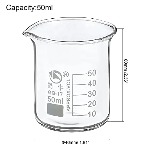 PATIKIL 50ml Low Form Glass Beaker, 3.3 Borosilicate Glass Graduated Printed Scale Measuring Cups with Spout for Kitchen Lab Liquids Transit Boiling - size: 50ml