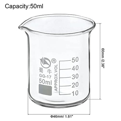PATIKIL 50ml Low Form Glass Beaker, 3.3 Borosilicate Glass Graduated Printed Scale Measuring Cups with Spout for Kitchen Lab Liquids Transit Boiling - size: 50ml