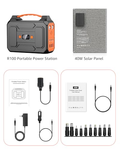 Solar Powered Generator 100W, Portable Power Station with Solar Panels 40W - color: Grey & Orange