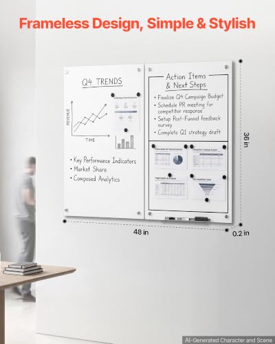 VEVOR Glass Dry Erase Board 48"x36" White Magnetic Whiteboard - color: White, size: 48"W x 36"H