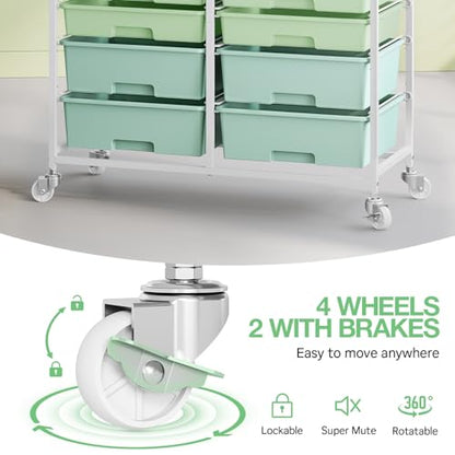 TOOLF 12 Drawers Rolling Storage Cart with Wooden Top for Classroom,Green - color: Green