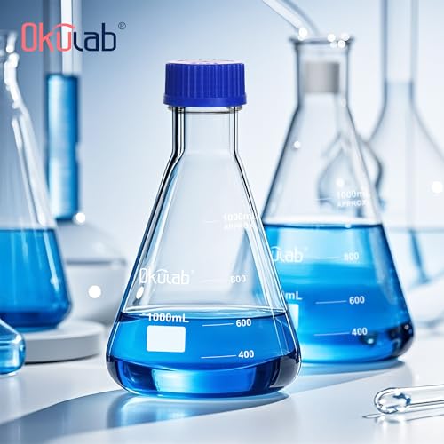2pcs Erlenmeyer Flask Set with Blue Cap, 500ml Lab Erlenmeyer Flasks Glass Erlenmeyer Flasks, Borosilicate 3.3 Glass Material with Printed Graduation, EFG45G500A2 - style: 2 Pcs of 500ml