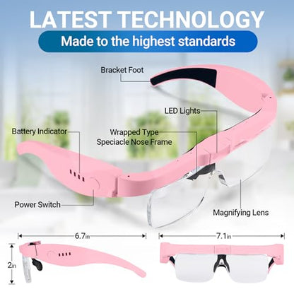 Magnifying Glasses with 3 LED Lights,Storage Case,Head Strap,5 Lenses - color: Pink With Storage Case