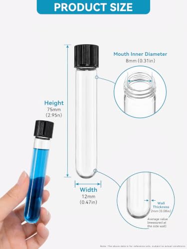 12x75mm Glass Test Tubes with Black Screw Caps, 5ml Boro Glass Test Tubes for Scientific Experiments, Candy Storage, Party and Home Decorations, Plant Propagation and Holiday Gifts, HUAOU, Pack of 10 - size: 12x75