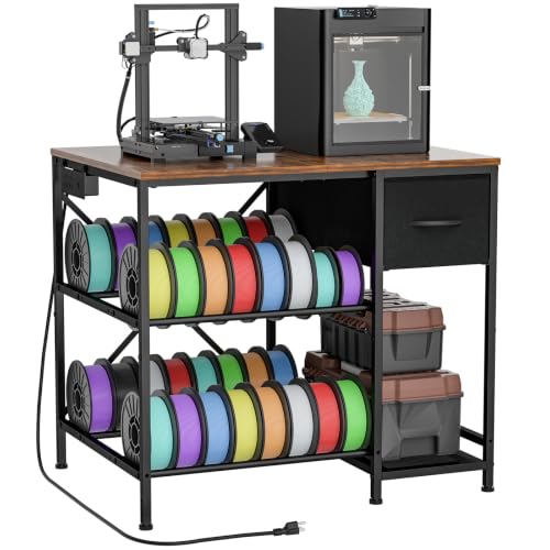 3D Printer Table with Filaments Storage, 3D Printer Stand Storage Rack with Drawer, Wood Desktop Printing Workstation with 4-Tier Spool Holder for Workshop Studio Office