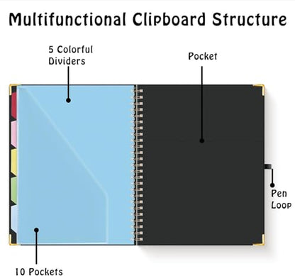 HAUTOCO Clipboard Folio with Refillable Lined Notepad for Letter Size (11" x 8.5"), 5 Dividers with 10 Pockets, Elastic Pen Holder and File Folder Labels, Spiral Nurse Clipboard Artboard(Black) - color: Black
