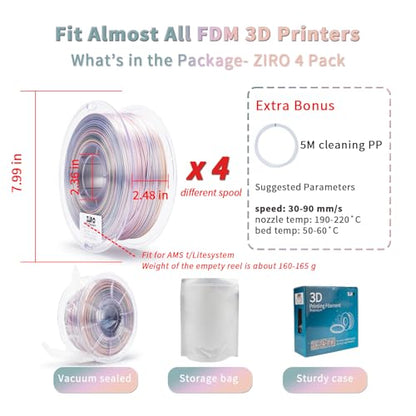 ZIRO Silky Fast Color Change PLA 4 Pack Bundle, Shiny Surface 1KG X 4 Spool - color: Silk Fast Color Change-4pack (Candy, Earth Tone, Pastel Pearl, Rainbow)
