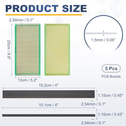 5Pcs 25x13cm PCB Prototype Board w 40-Pin Headers, Green - size: 25x13cm(2.54mm Pitch/1.5mm T)