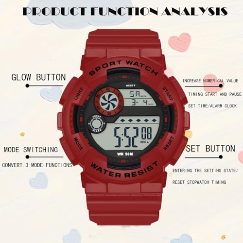 findtime Digital Watch Womens Sport Waterproof White Wrist Watches for Women with Alarm Stopwatch Hourly Chime LED Display 12H/24H Calendar - color: Red