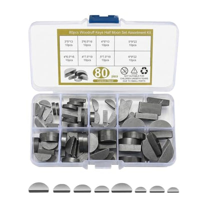 80PCS Car Woodruff Key Assortment Kit, 8 Sizes Half Moon Keyway Shaft Crank Key for Fastener Flywheel Pulley, Woodruff Semicircle Key-Crankshaft Kit, Universal for Vehicles - size: 80PCS/Half Moon