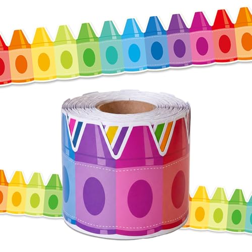69 Ft Colorful Crayon Die-Cut Bulletin Board Border Trim, Colorful Crayon Die Scalloped Rolled for School Classroom Back to School Classroom Office Chalkboard Wall Decration - color: Colorful Markers