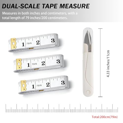 3 Pcs Soft Tape Measure with Scissor, Dual Scale Body Measurement for Weight Loss, Sewing, Fabric, Cloth, Knitting, Flexible Tailor Craft Ruler, 200cm/79 inch (White) - size: 3PCS