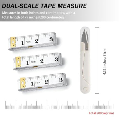 3 Pcs Soft Tape Measure with Scissor, Dual Scale Body Measurement for Weight Loss, Sewing, Fabric, Cloth, Knitting, Flexible Tailor Craft Ruler, 200cm/79 inch (White) - size: 3PCS