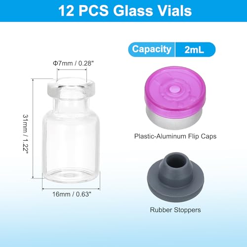 PATIKIL 12pcs 2ml Clear Borosilicate Glass Sample Vials with Aluminum Plastic Cap and Rubber Stopper for Lab Solid Liquid Powder Storage, Purple Silver Tone - color: Clear/Purple Silver Tone, size: 2ml