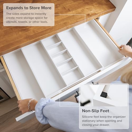 KitchenEdge Utensil & Junk Drawer Organizer, 19-33 in, White Bamboo - color: White Bamboo, size: From 19" to 33" Wide