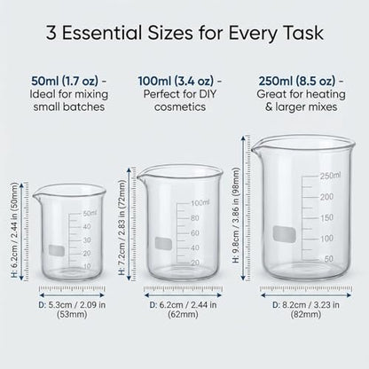 3-Piece Borosilicate Glass Beaker Set (50ml, 100ml, 250ml) Heat Safe
