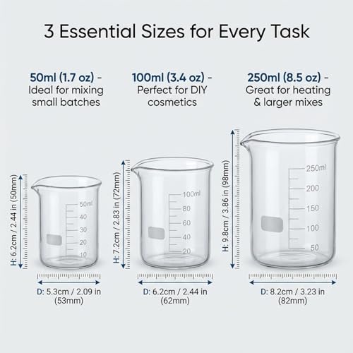 3-Piece Borosilicate Glass Beaker Set (50ml, 100ml, 250ml) Heat Safe