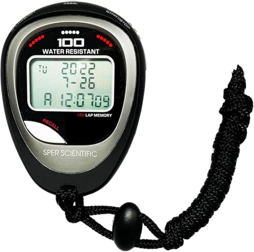 Sper Scientific 100 Memory Water and Shock Resistant Stopwatch 810036A - Stopwatch/Timer with 100 Split/Lap Memory, 20-Hour Countdown, 4 Timing Modes, Pacer, Clock/Calendar, Belt Clip & Lanyard - 2 pc - size: 2 Pack
