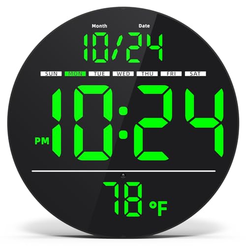 Digital Wall Clock with Large LED Display, Date, Temperature, Auto-Brightness | Small [PLUG-IN] Clock | Modern Electric Wall Clock for Bedroom, Classroom, Living Room, Home, Office, Farmhouse – Green - color: Green