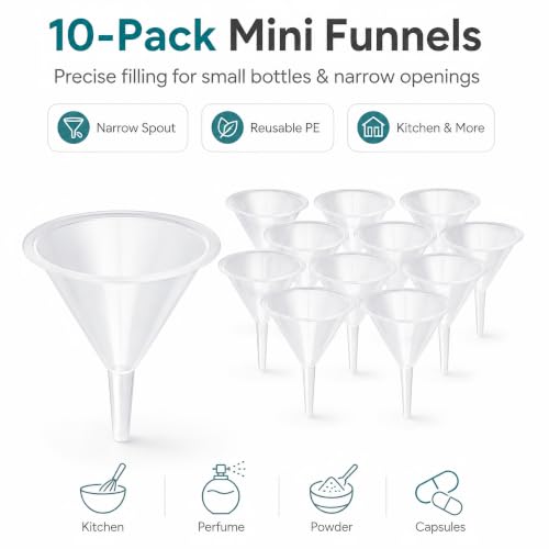 10-Pack Mini Clear Kitchen Funnels, Narrow Spout Funnel for Small Bottles
