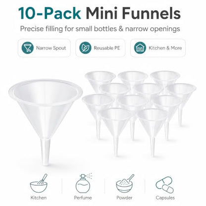 10-Pack Mini Clear Kitchen Funnels, Narrow Spout Funnel for Small Bottles
