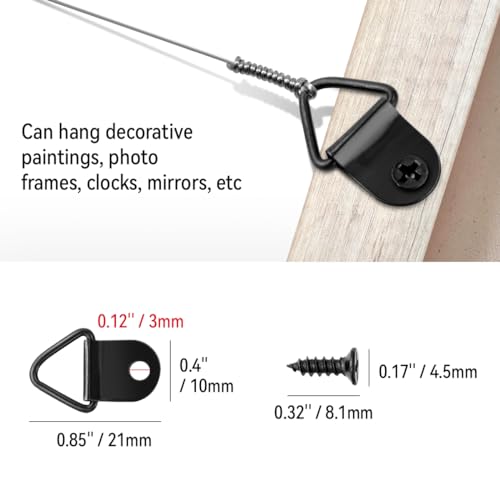 100 Pack Steel Picture Hangers with 100pcs 8mm Screws, Small Triangle Ring, Light Duty D Rings for Clock, Decoration, Mirror, Paintings, Artwork Picture Frame (Black) - color: Black