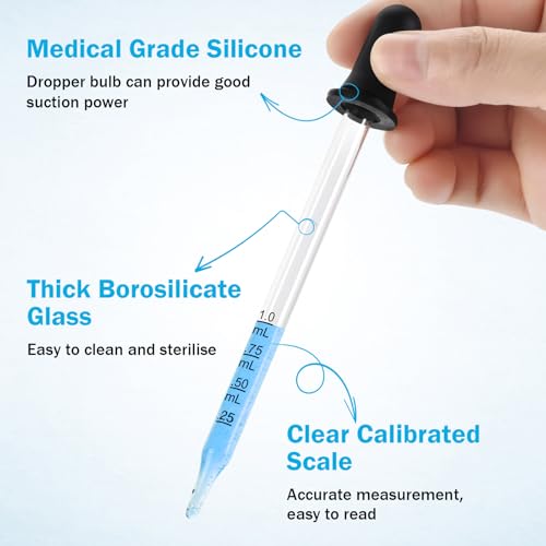 Eye Dropper 8 Pcs, 1mL Glass Liquids Pipette Dropper Tool with Measurement-Bent & Straight Tips, for Essential Oils Crafts Ear Lab Measuring Transferring Liquids Herain - size: Large Rubber Bulb-8pcs-Long Bent Straight