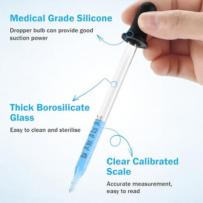 Eye Dropper 8 Pcs, 1mL Glass Liquids Pipette Dropper Tool with Measurement-Bent & Straight Tips, for Essential Oils Crafts Ear Lab Measuring Transferring Liquids Herain - size: Large Rubber Bulb-8pcs-Long Bent Straight