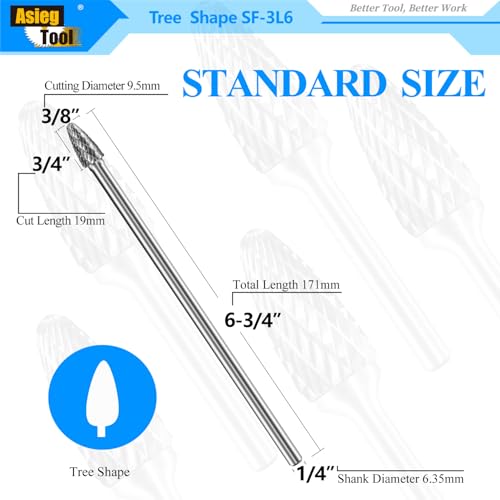 SF-3L6 Tungsten Carbide Burr Lengthened Rotary File Tree Shape Radius End Shape Double Cut for Die Grinder Drill Bits 1/4'' Inch Diameter of Shank and 3/8'' Diameter of Cutter 3/4'' Cutter Length - style: SF-3L6