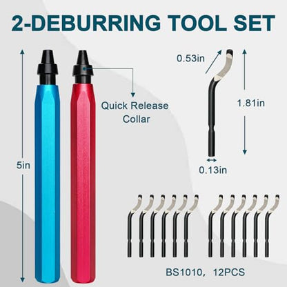 2 Pack Deburring Tool Set + 12 BS1010 Steel Blades, 3D Printing Deburring Tools, Suitable for Metal, Resin, Copper, Plastic, PVC Pipes, and 3D Printed Edge Deburring Reamers
