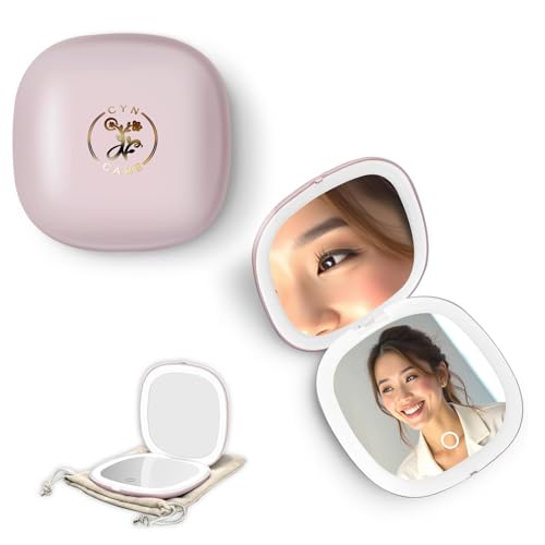 4" LED Compact Mirror – 1x & 10x Magnification | Travel Makeup Mirror with Adjustable Lighting | Handheld & Pocket-Sized Portable Mirror with Protective Pouch (Pink) - color: Pink