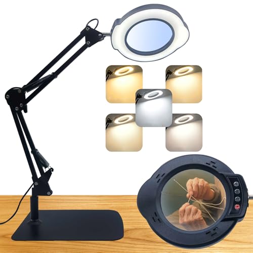 10X Magnifying Glass with Light and Stand, 5 Color Modes Stepless Dimmable Hands Free Lighted Magnifier for Crafts Reading Painting LED Lighted Magnifier for Repair Crafts Close Work