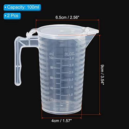 PATIKIL Graduated Beaker, 2 Pack 100ml PP Plastic Liquid Measuring Cup Double Sided Black Graduations with Handle Lid and Spout for Lab Kitchen Home - size: 100ml